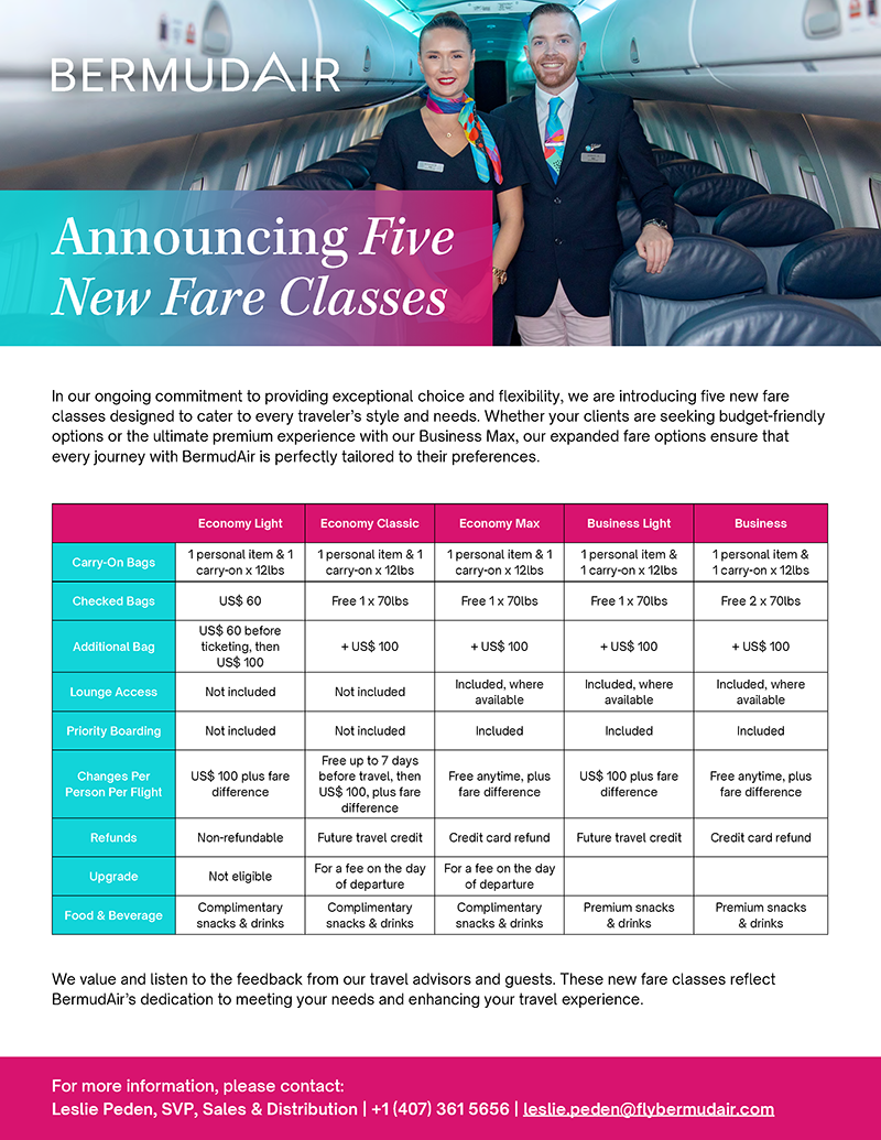 Agent World USA » BermudAir Announcing Five New Fare Classes News